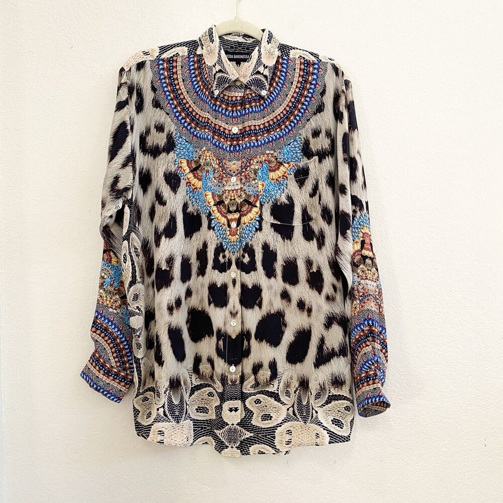 Moda Baronessa Button Up Blouse Multicolor‎ Animal Print 100% Silk Small Tunic - Picture 7 of 10